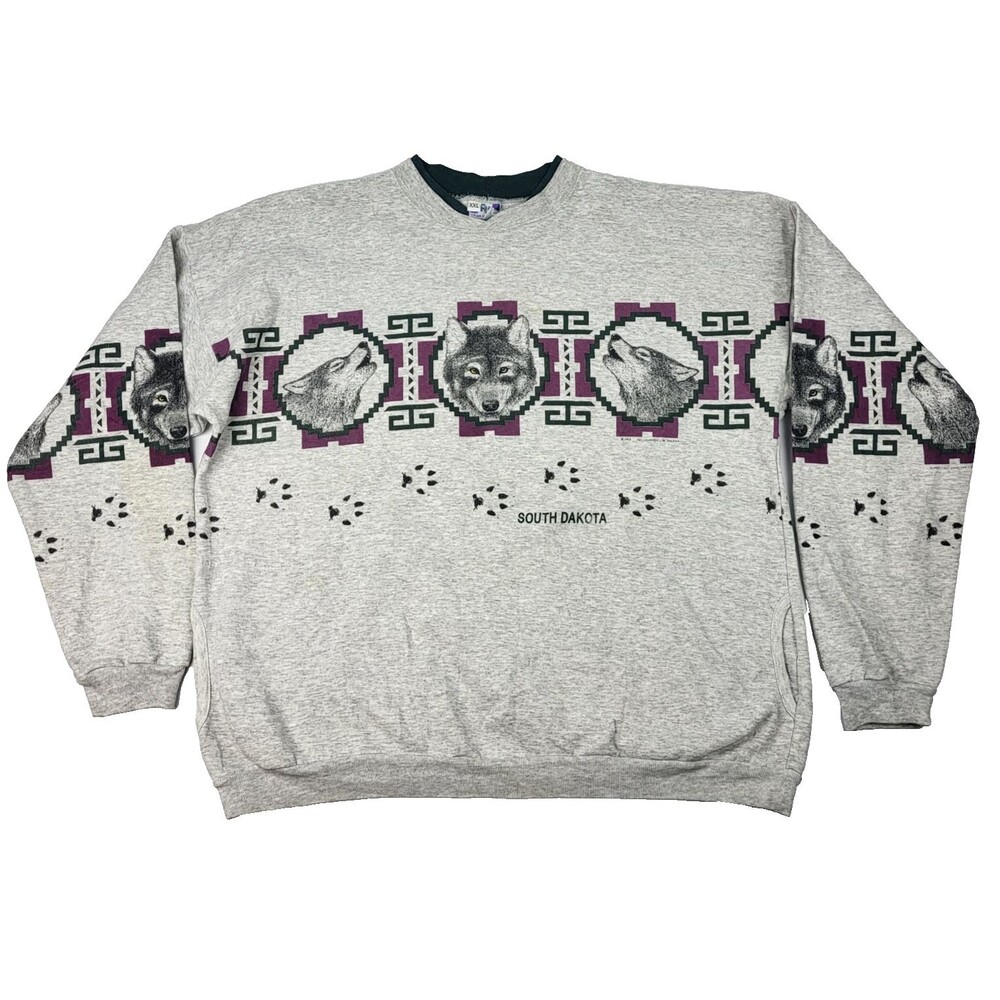 VTG 90s Sweatshirt Crewneck Wolf North Dakota Gray Size XXL MADE IN USA